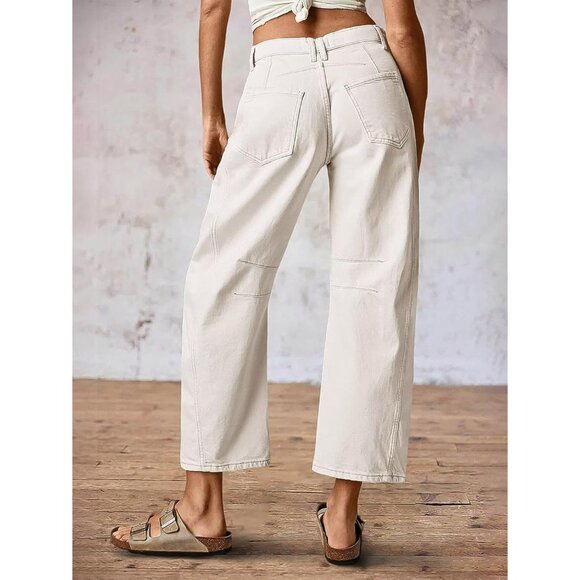 Women’s Mid Waist Crop Straight Leg Jeans Solid Stitch Casual Denim Pants - Picture 3 of 5